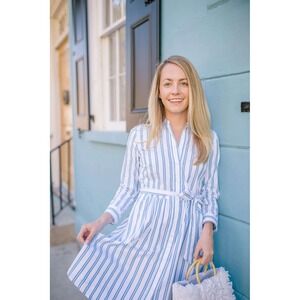 Draper James Womens Blue and White Striped Button Down Tie Waist Fit Flare Dress